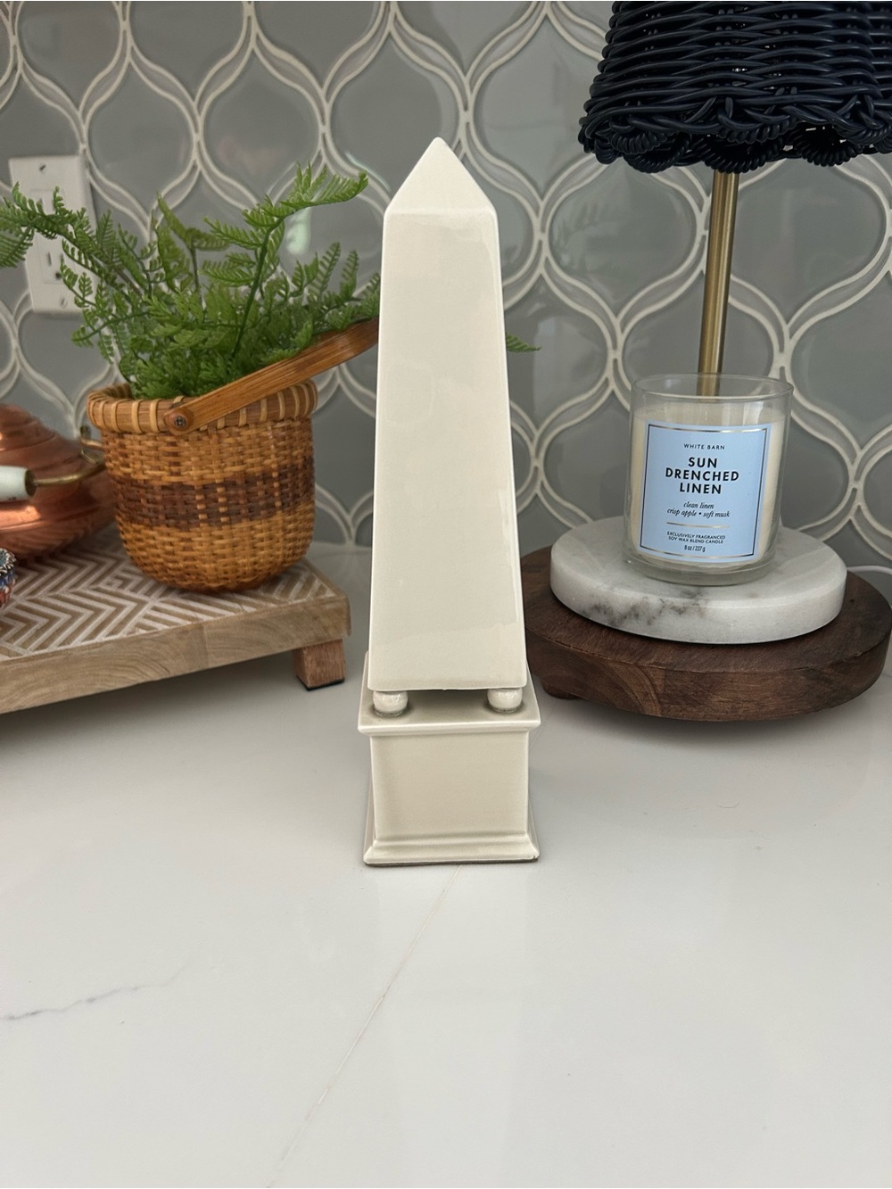 Porcelain 10" Fitz Floyd square bead base pillar oblisque column off-white